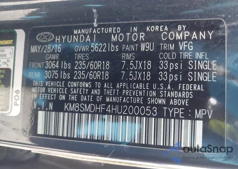 2017 Hyundai Santa Fe Se z USA, uszkodzony, nr VIN KM8SMDHF4HU200053